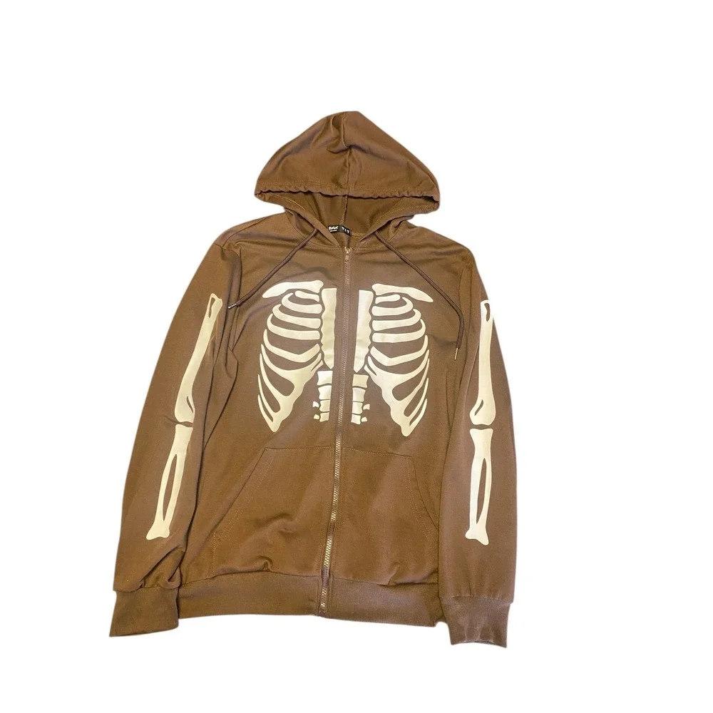 ROMWE Brown Skeleton Rib Cage Zip Up Hoodie Jacket Long Sleeve‎ Size M